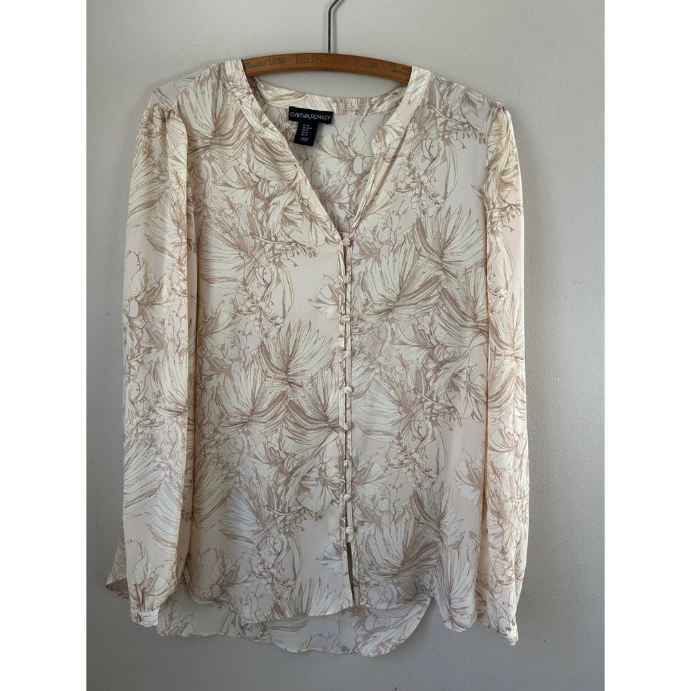 Cynthia Rowley Beige Tan Floral Print V Neck Blouse Top M Boho Beach Office